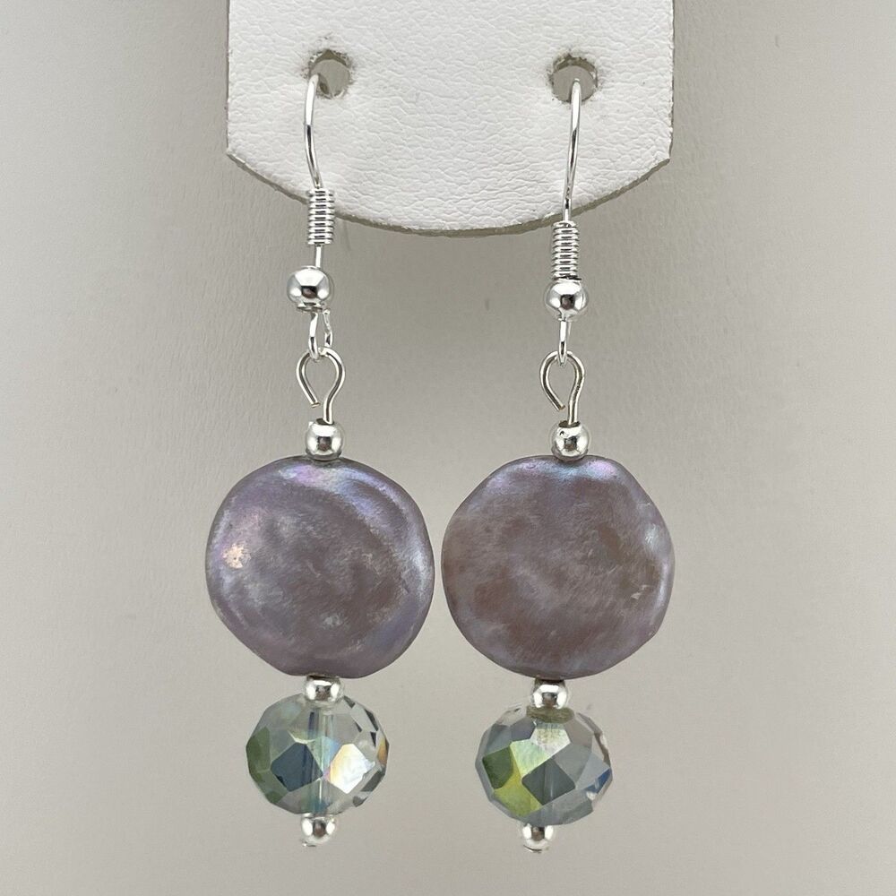 Purple AB Glass Faux Mother Of Pearl Disc Beaded Earrings Dangle Silver Tone